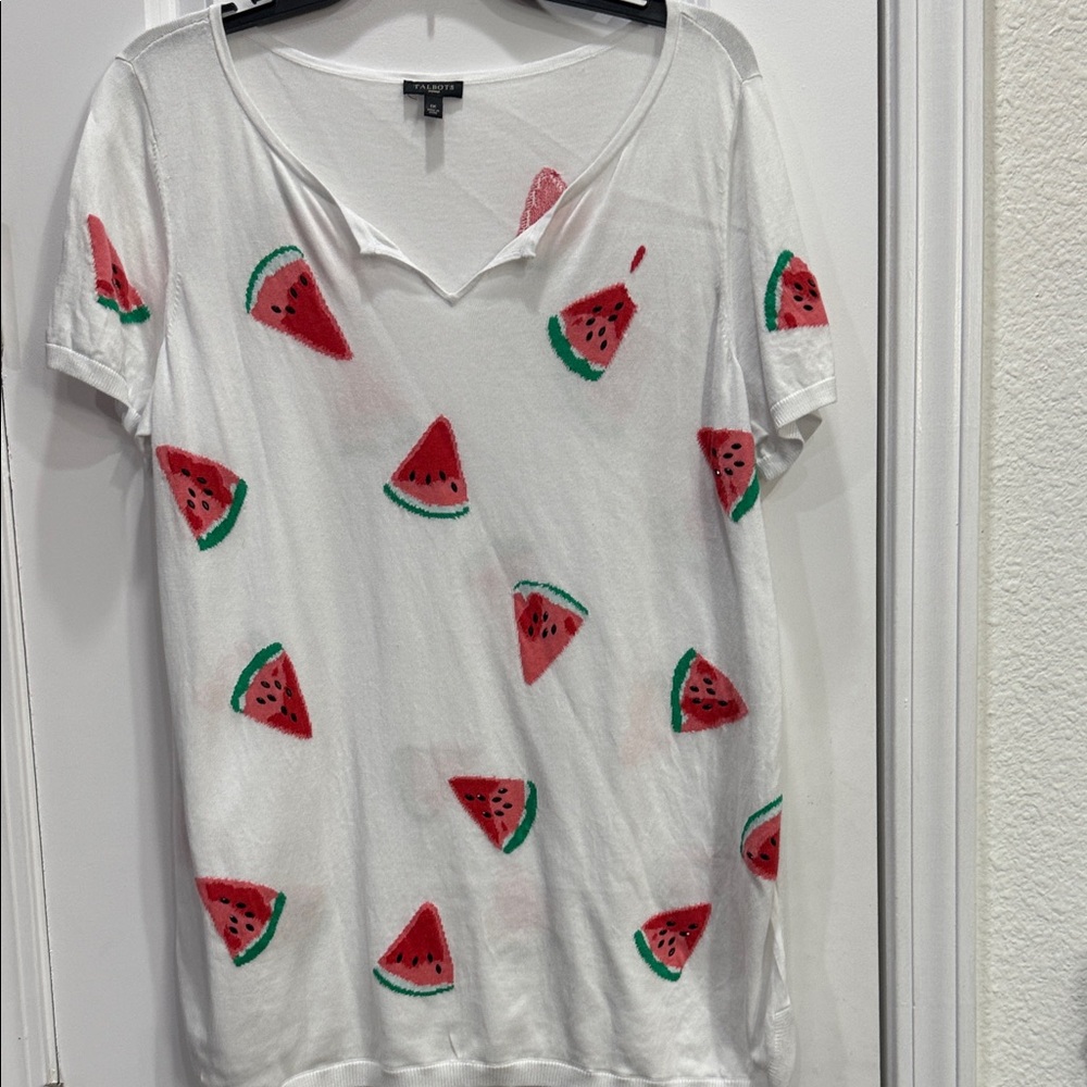 Talbots White Top with Beaded Watermelon Seeds Pattern